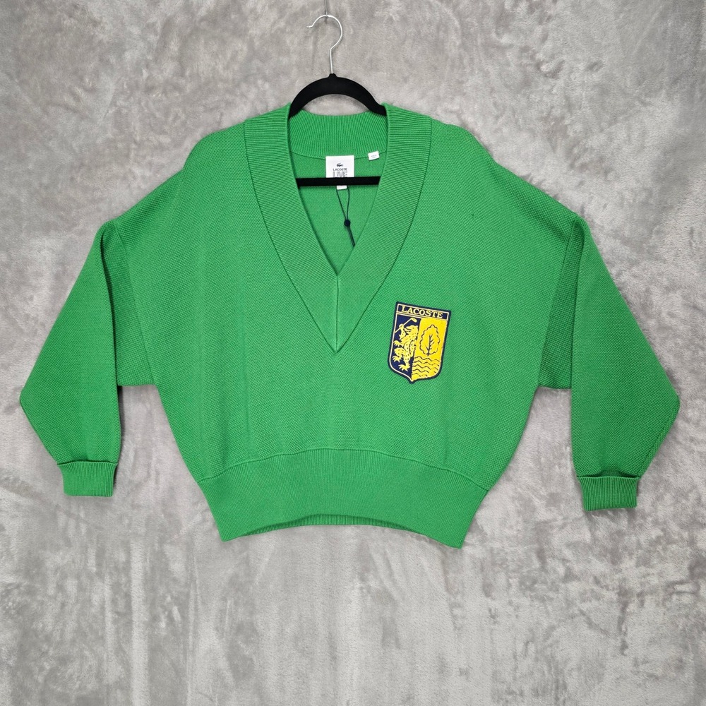 Lacoste Live Sweater Women XL Green V-Neck Crest Patch Preppy Sporty Heritage
